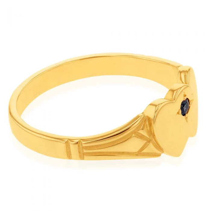 9ct Yellow Gold Sapphire 2Heart Signet Ring Size L - Image 2