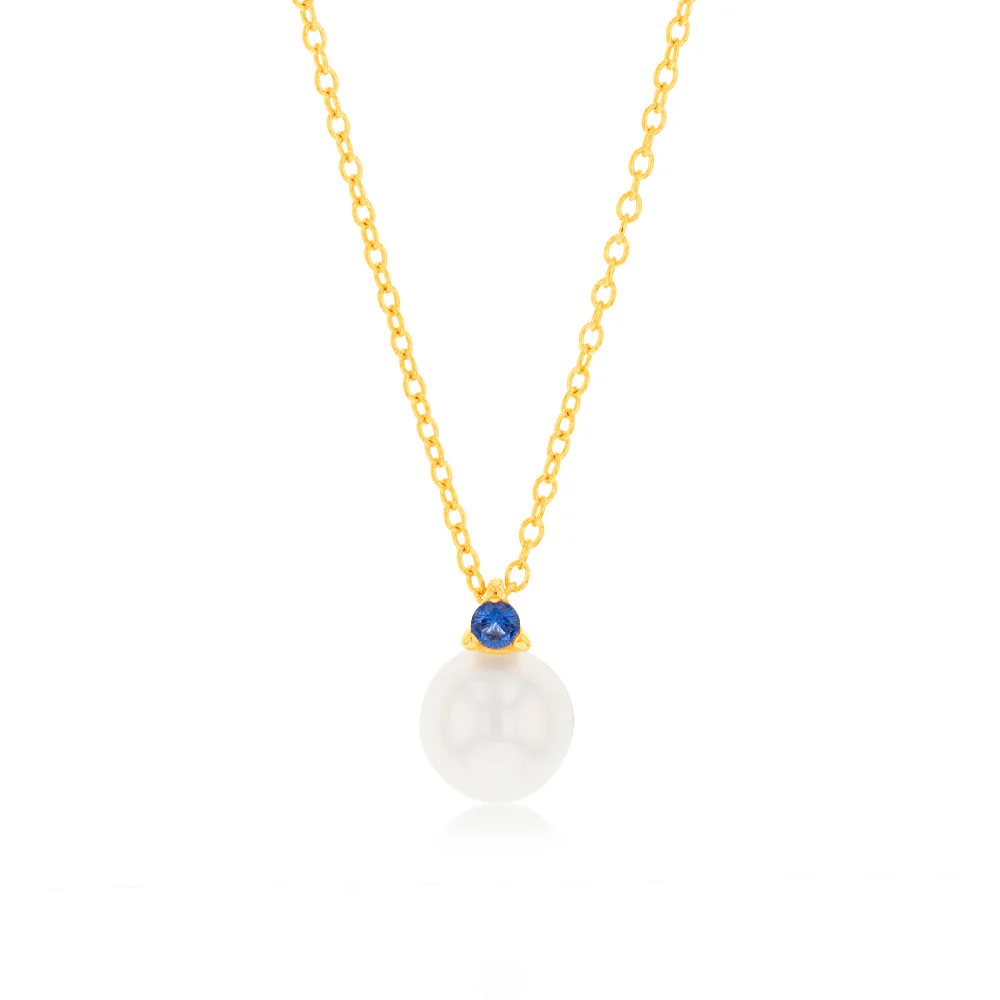 9ct Yellow Gold Sapphire Blue Zirconia And Fresh Water Pearl Pendant On Chain