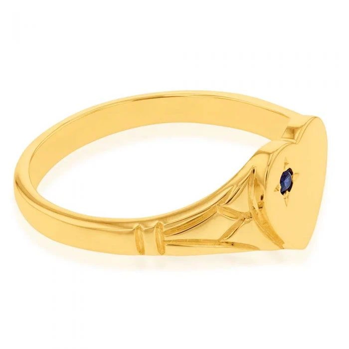 9ct Yellow Gold Sapphire Heart Signet Ring Size H - Image 2