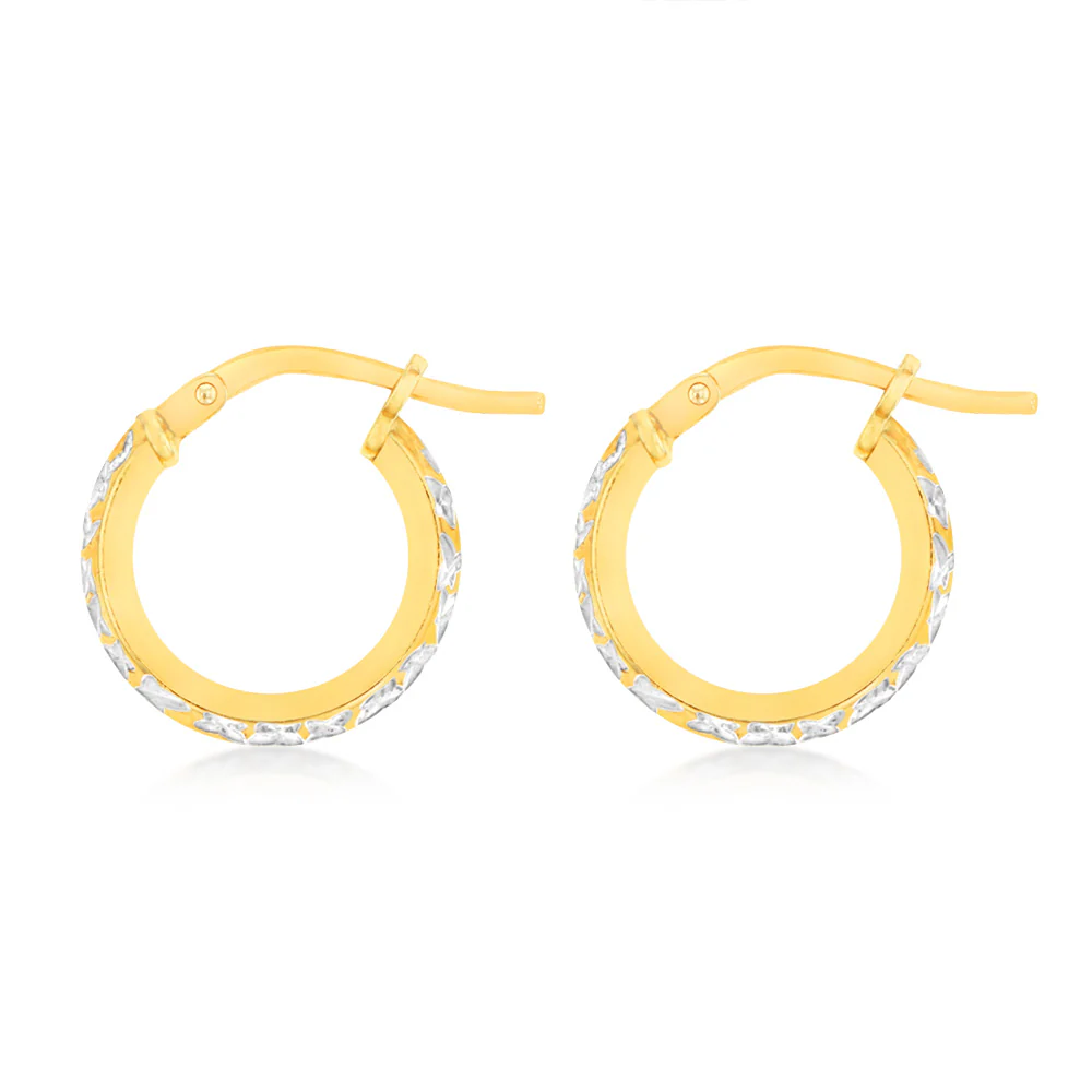 9ct Yellow Gold Silver Filled 10mm Hoop Earrings With Diamond Cut Surface - Image 2