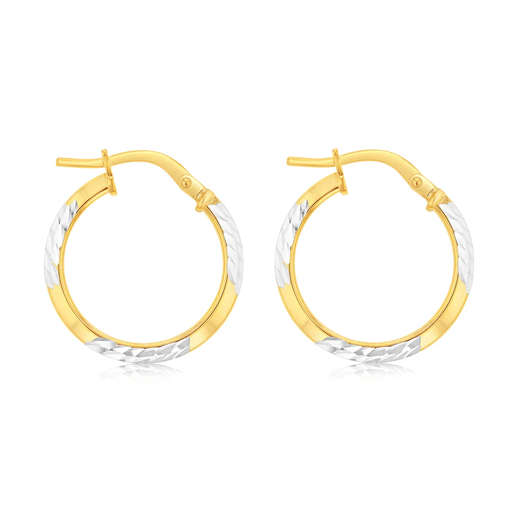 9ct Yellow Gold Silver Filled 15mm Hoop Earrings With Diamond Cut Details