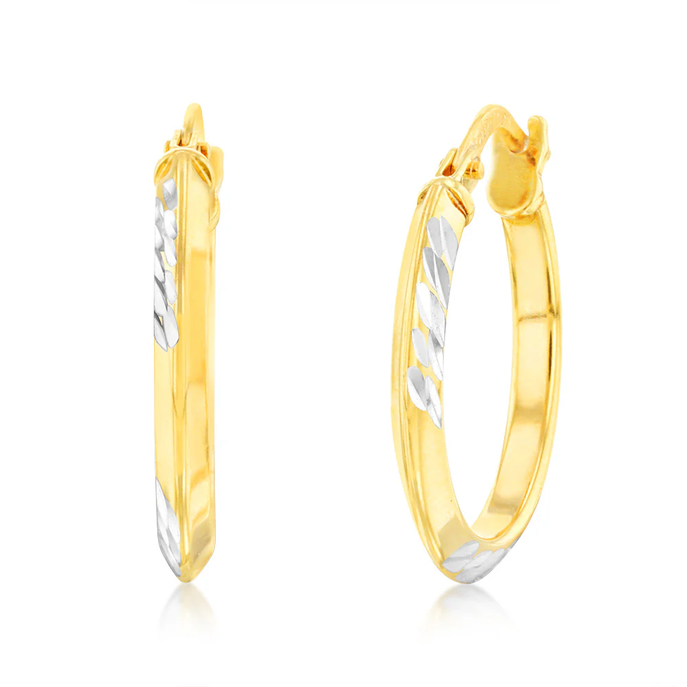 9ct Yellow Gold Silver Filled 15mm Hoop Earrings With Diamond Cut Details - Image 2