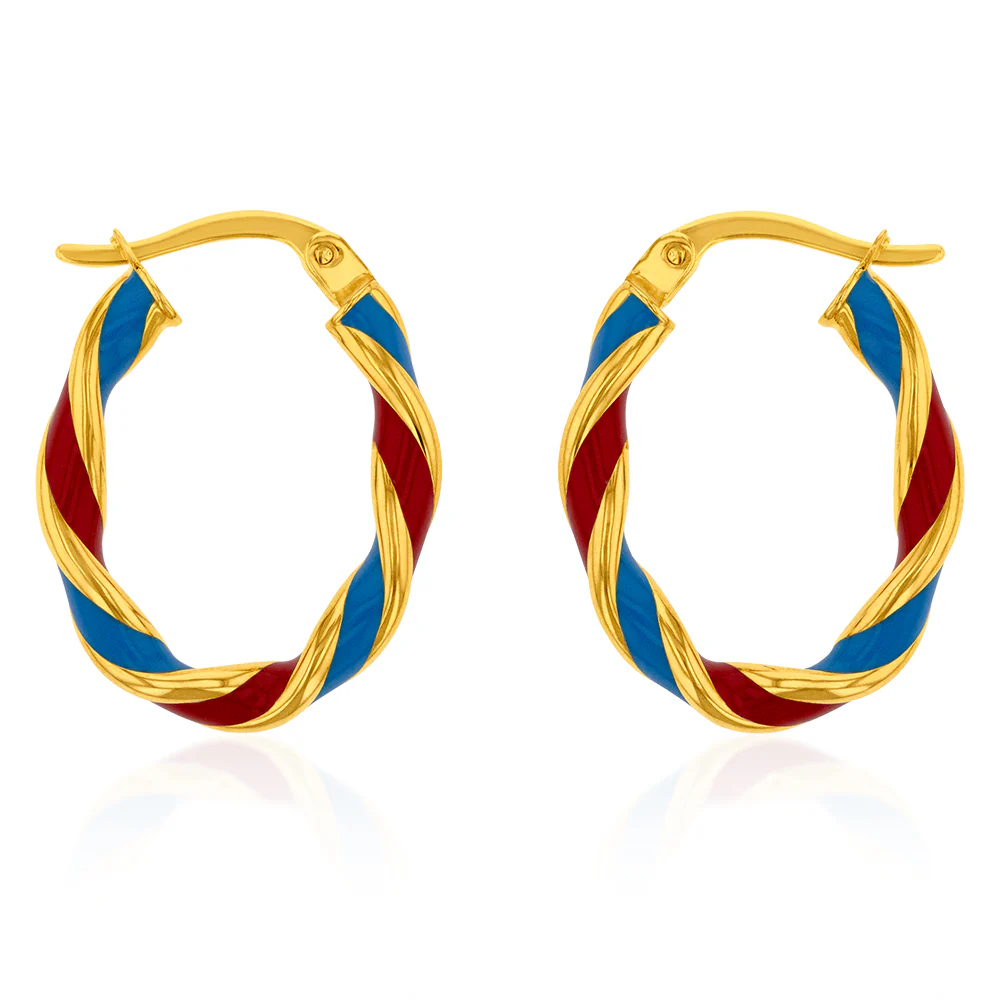 9ct Yellow Gold Silver Filled 15mm Red And Blue Enamel On Twisted Hoop Earrings