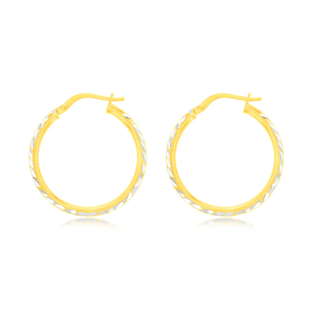 9ct Yellow Gold Silver Filled 20mm Hoop Earrings with diamond cut feature - Image 2