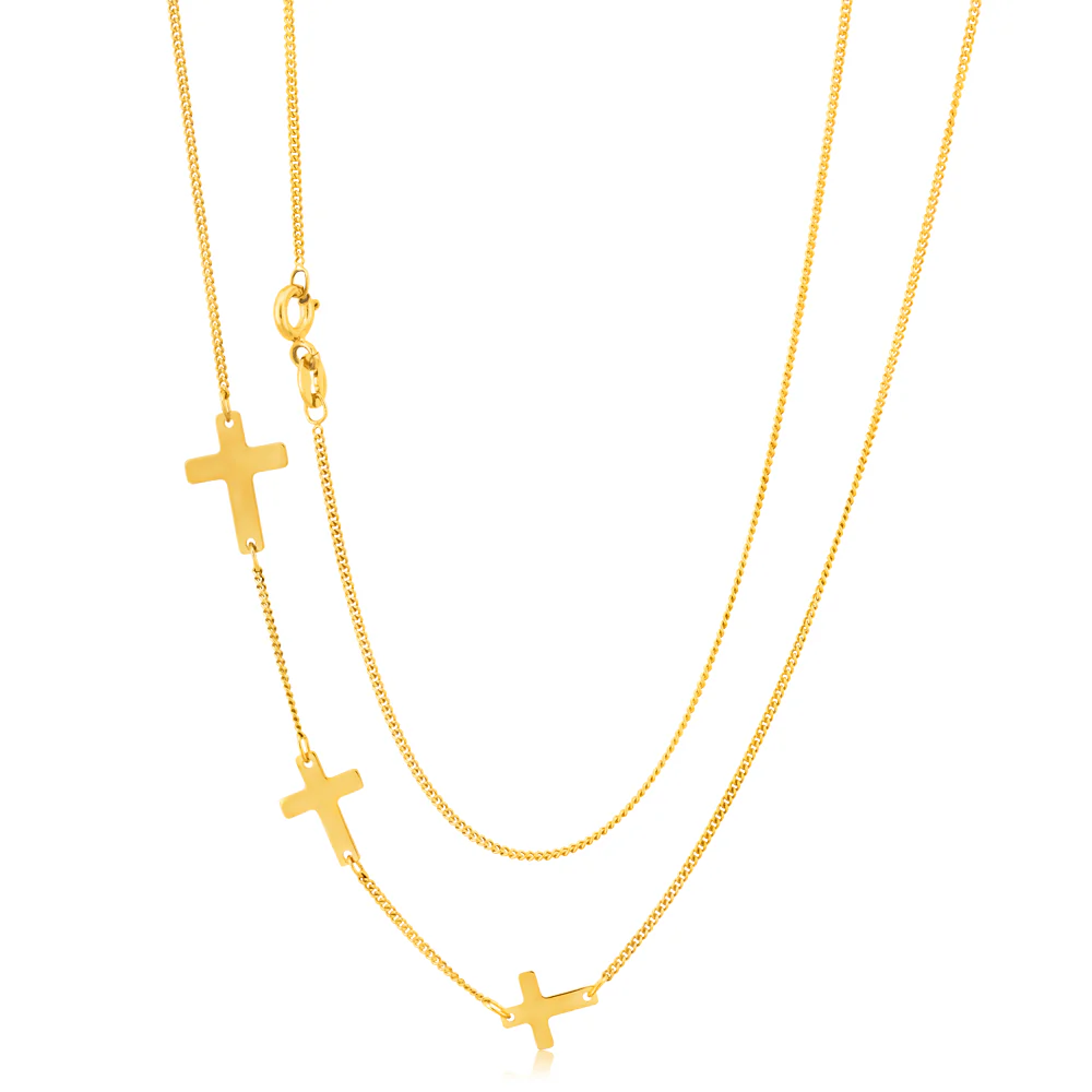 9ct Yellow Gold Silver Filled 45cm Sideway Necklace With Three Crosses