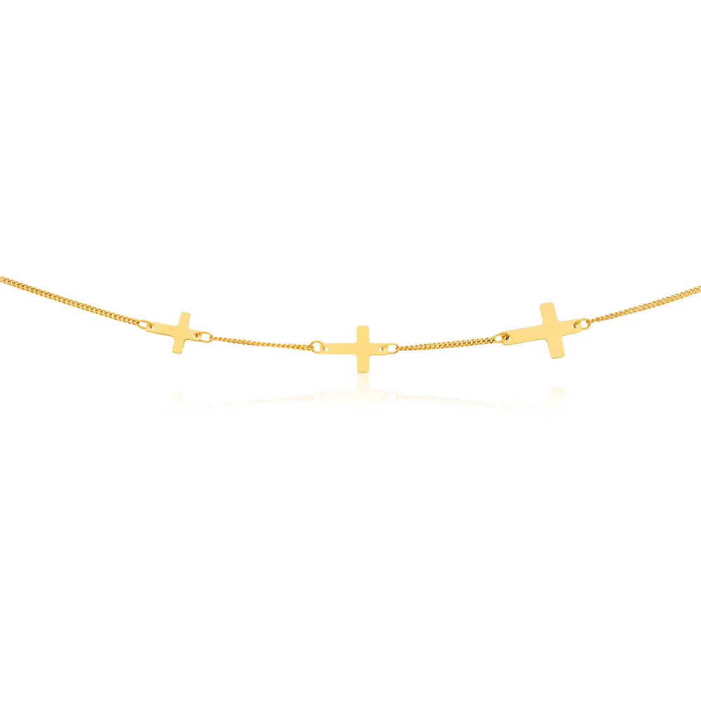 9ct Yellow Gold Silver Filled 45cm Sideway Necklace With Three Crosses - Image 2