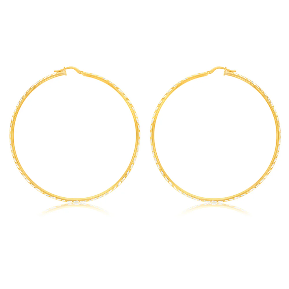 9ct Yellow Gold Silver Filled 60mm Hoop Earrings with diamond cut feature - Image 2
