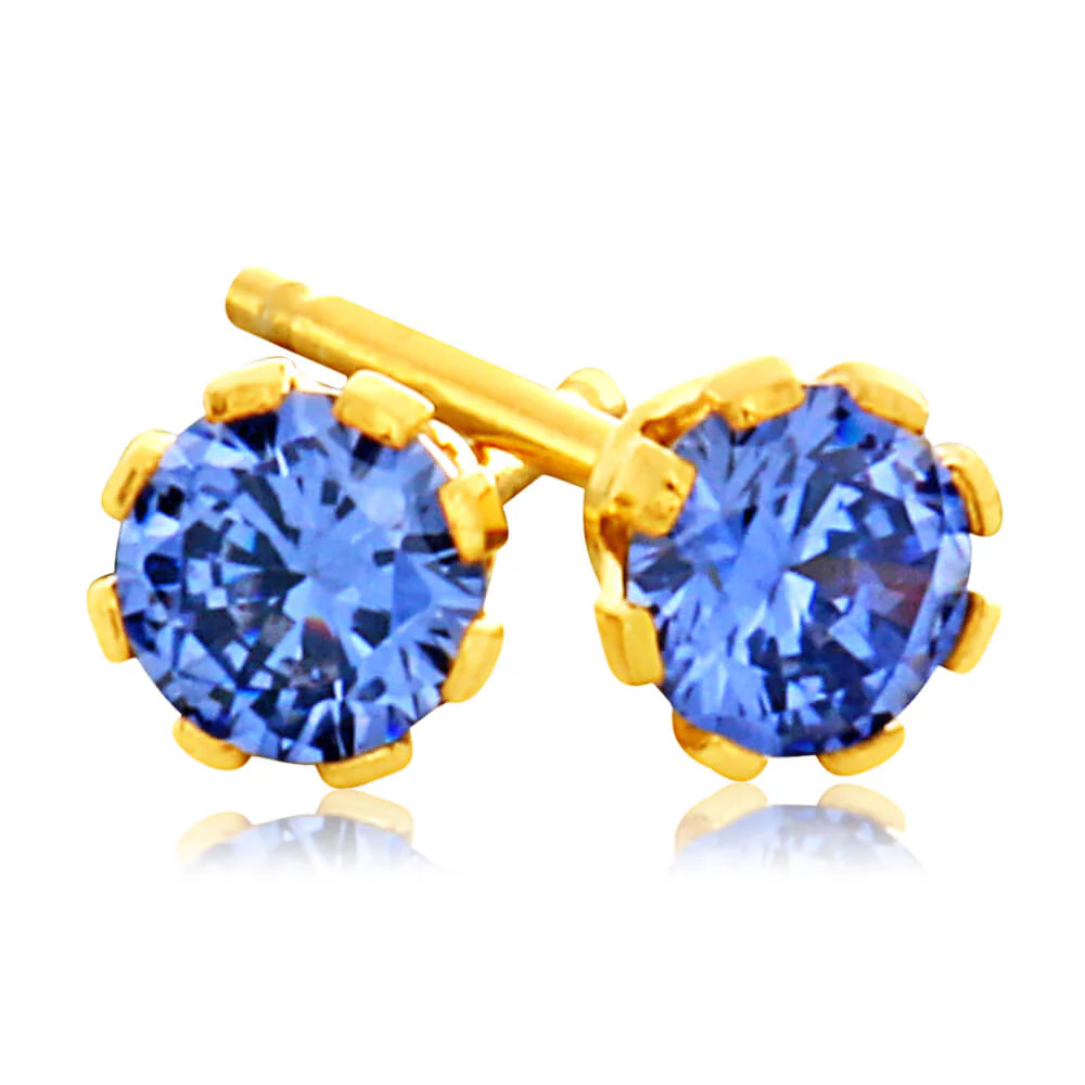 9ct Yellow Gold Silver Filled Blue Cubic Zirconia 4mm Stud Earrings - Image 2