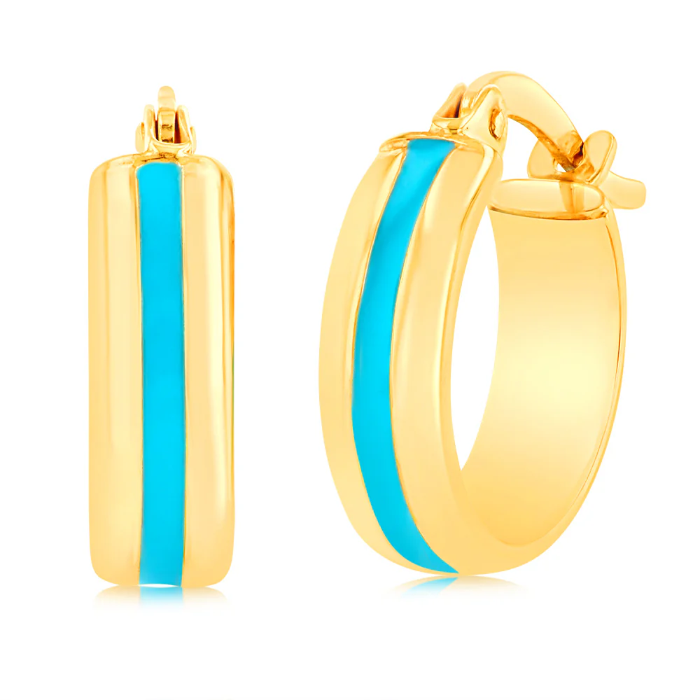 9ct Yellow Gold Silver Filled Blue Enamel On Hoop Earrings