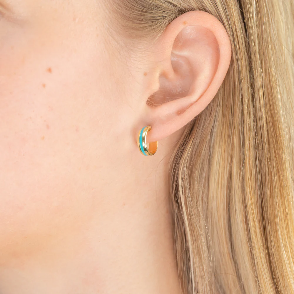 9ct Yellow Gold Silver Filled Blue Enamel On Hoop Earrings - Image 2
