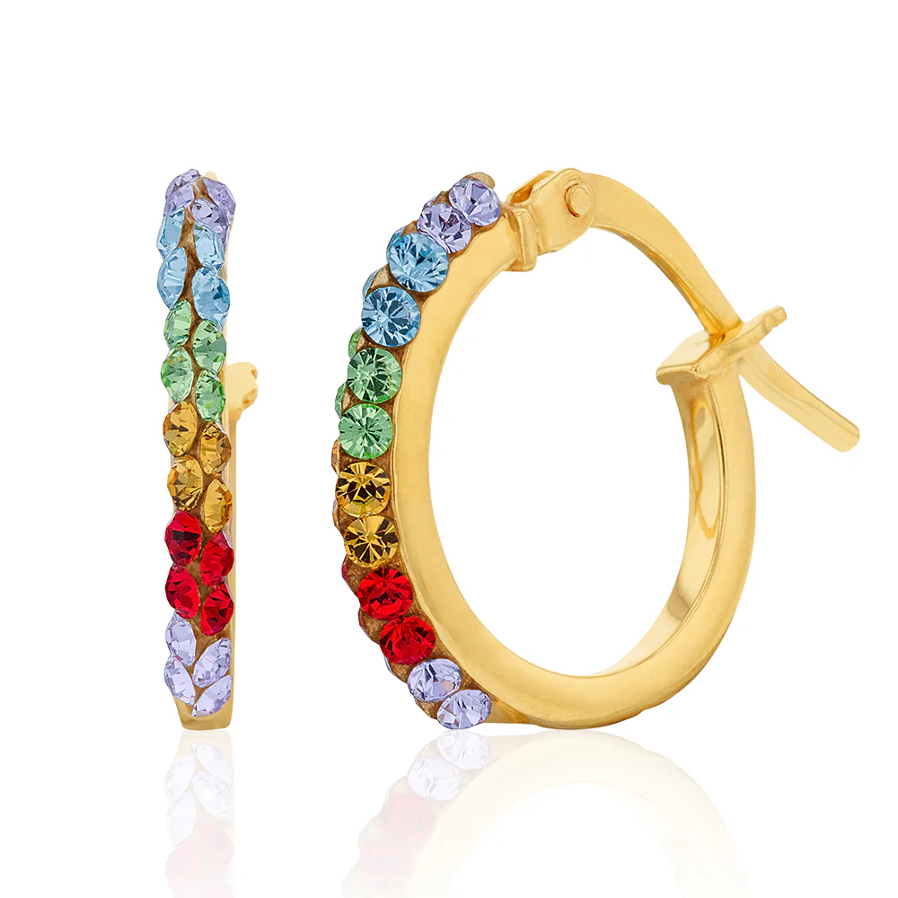 9ct Yellow Gold Silver Filled Coloured Crystal 10mm Hoop Earrings