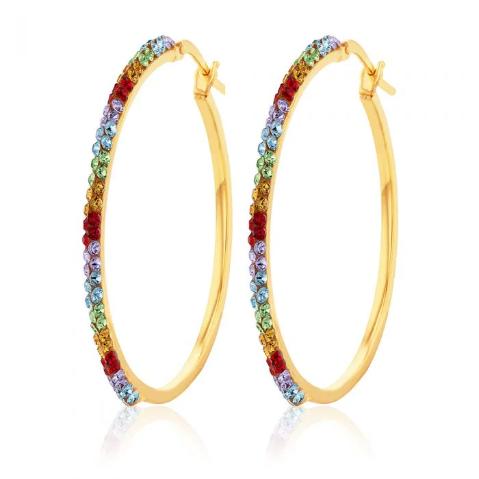 9ct Yellow Gold Silver Filled Coloured Crystals 30mm Hoop Earrings