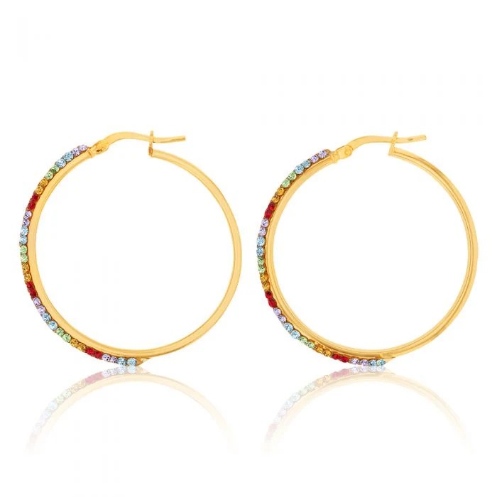 9ct Yellow Gold Silver Filled Coloured Crystals 30mm Hoop Earrings - Image 2