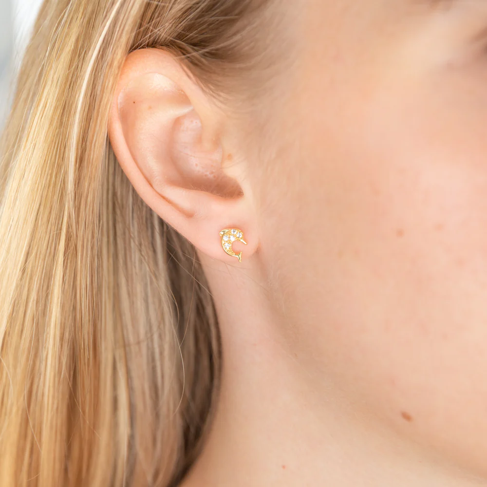 9ct Yellow Gold Silver Filled Cubic Zirconia Dolphin Stud Earrings - Image 2