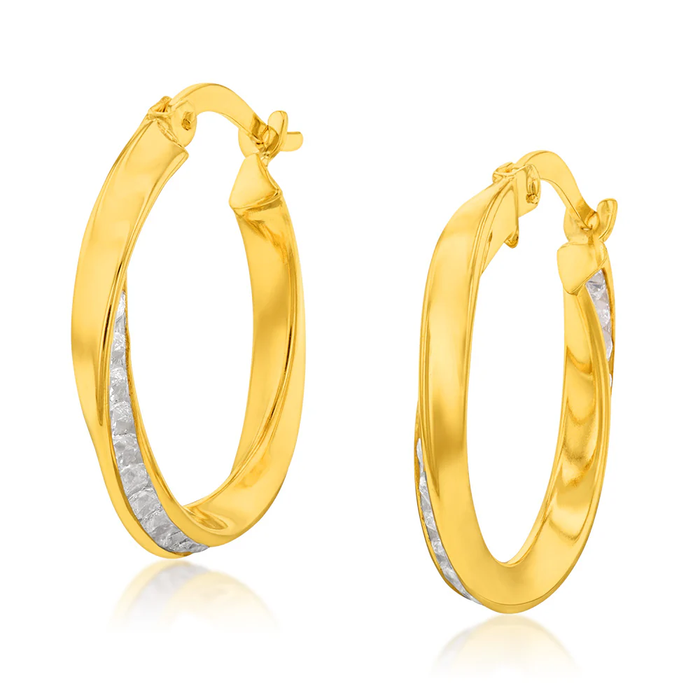 9ct Yellow Gold Silver Filled Cubic Zirconia On Twisted 15mm Hoop Earrings