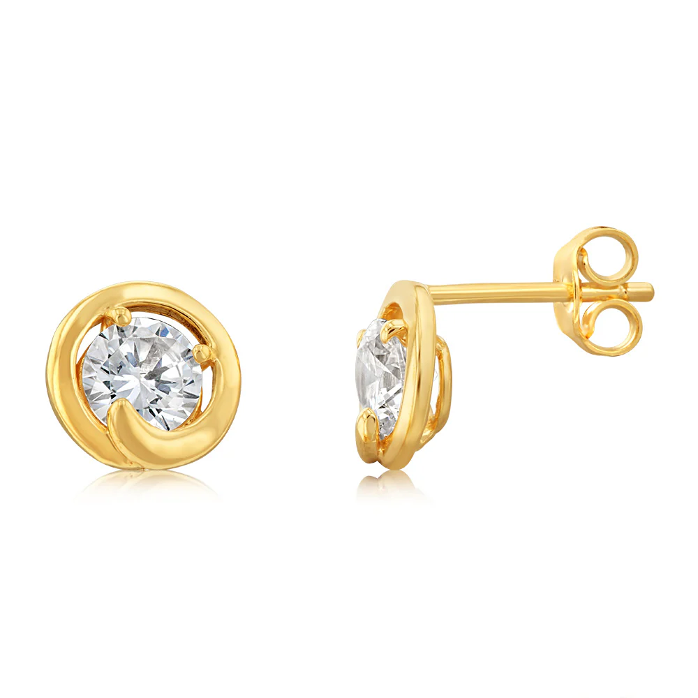 9ct Yellow Gold Silver Filled Cubic Zirconia Round Stud Earrings