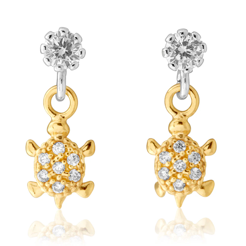 9ct Yellow Gold  Silver Filled Cubic Zirconia Turtle Drop Earrings