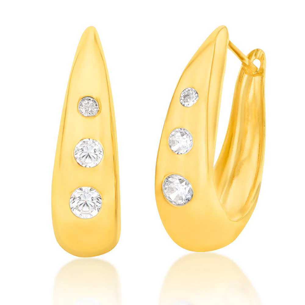 9ct Yellow Gold Silver Filled CZ On Hinged Hoop Earrings