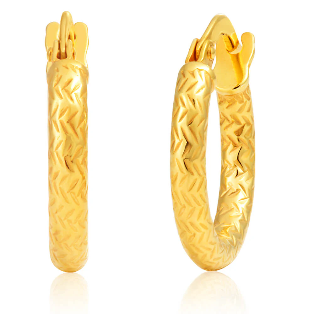 9ct Yellow Gold Silver Filled Diamond Cut 10mm Hoop Earrings - Image 2