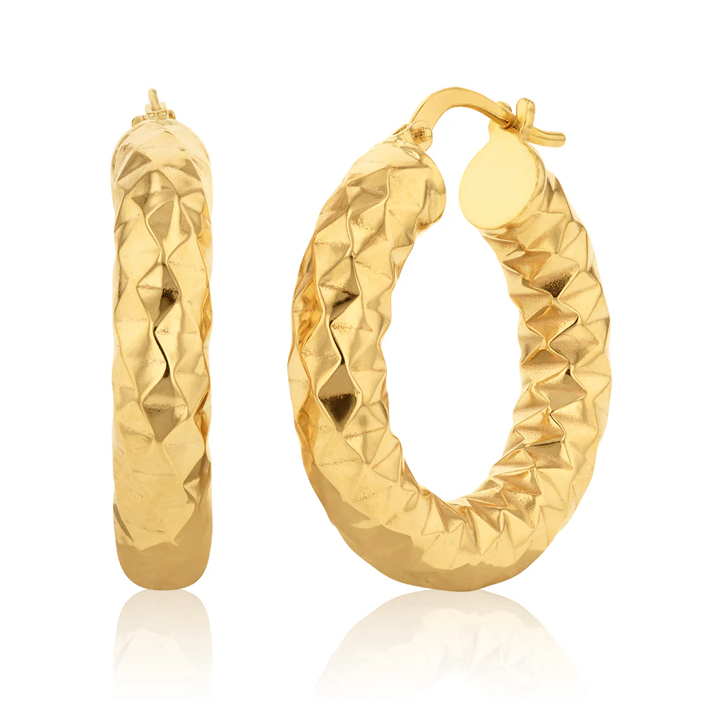9ct Yellow Gold Silver Filled Diamond Cut 15mm Hoop Earrings