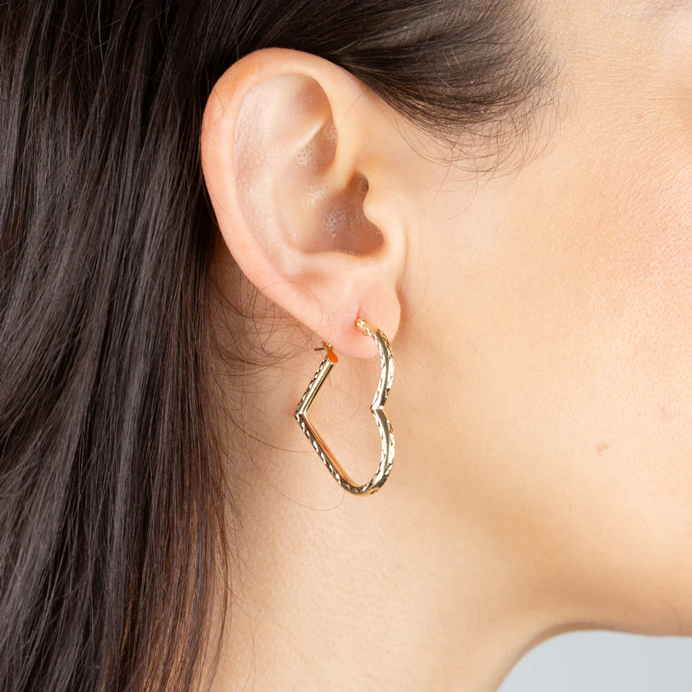 9ct Yellow Gold Silver Filled Diamond Cut Heart Hoop Earrings - Image 2