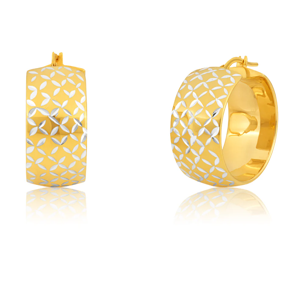 9ct Yellow Gold Silver Filled Diamond-Cut Pattern 20mm Hoop Earrings