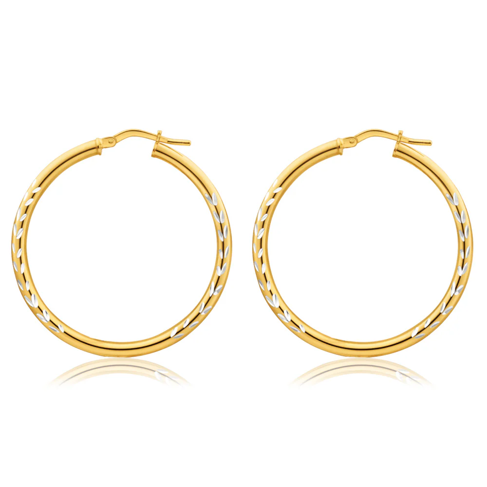 9ct Yellow Gold Silver Filled Dicut 30mm Hoop Earrings
