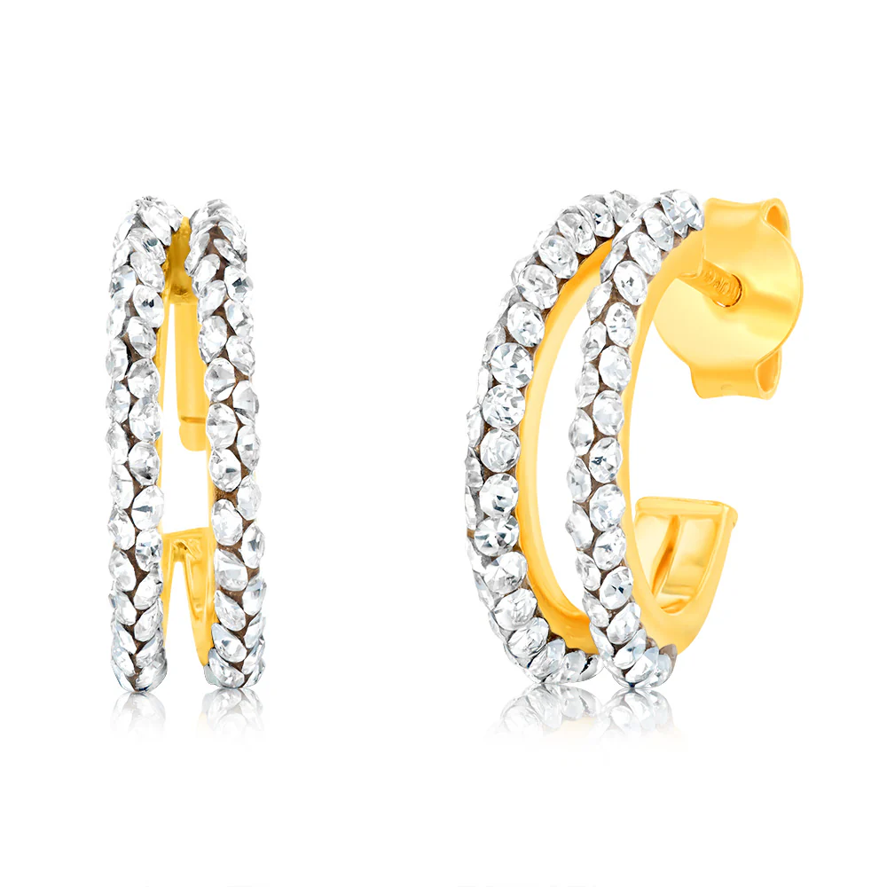 9ct Yellow Gold Silver Filled Double Row Crystal 3/4th Hoop Earrings