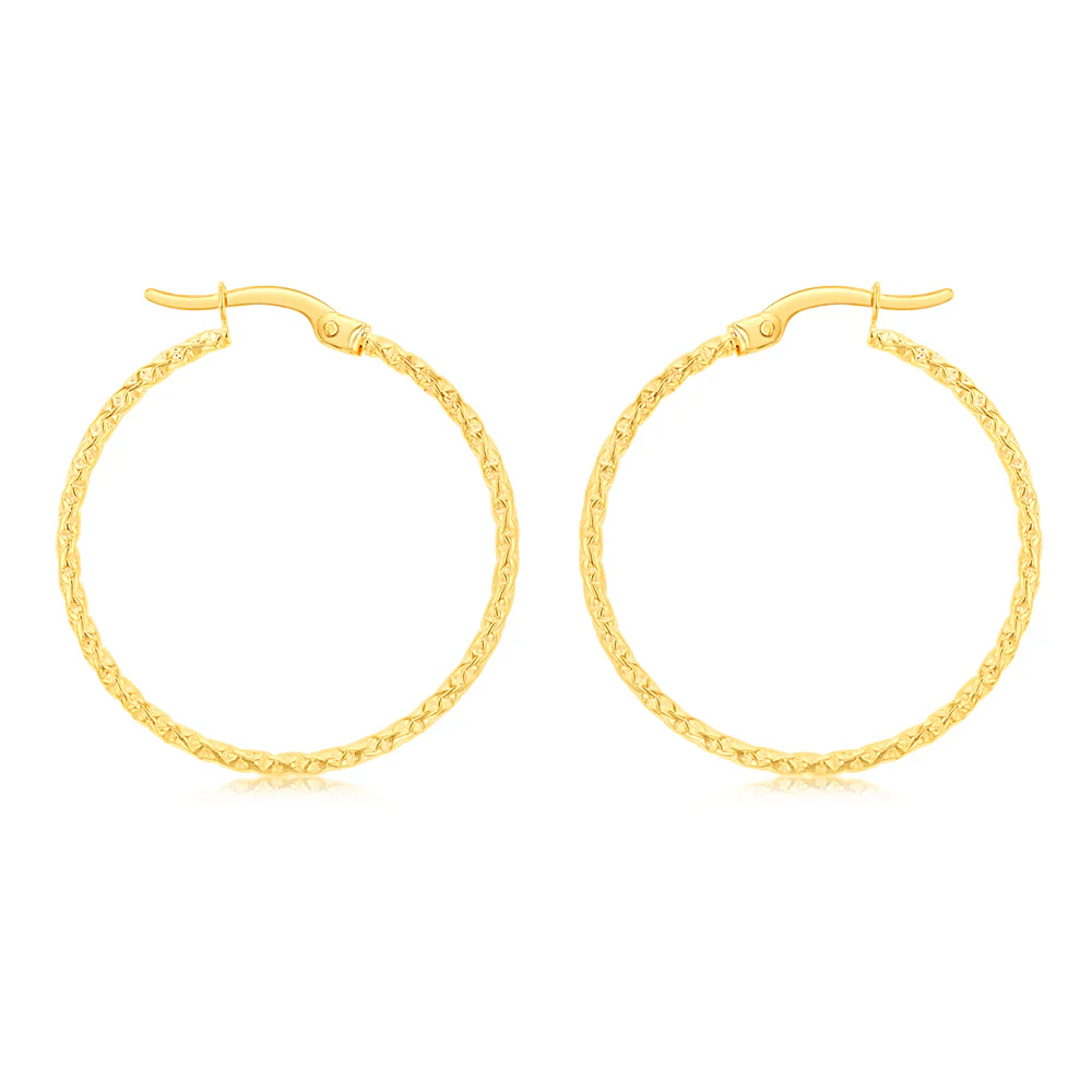 9ct Yellow Gold Silver Filled Fancy Textured Hoop Earring