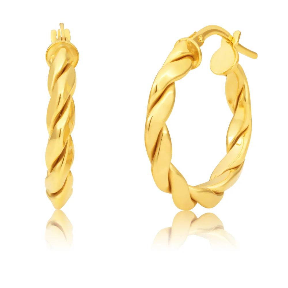 9ct Yellow Gold Silver Filled Fancy Twist 15mm Hoop Earrings