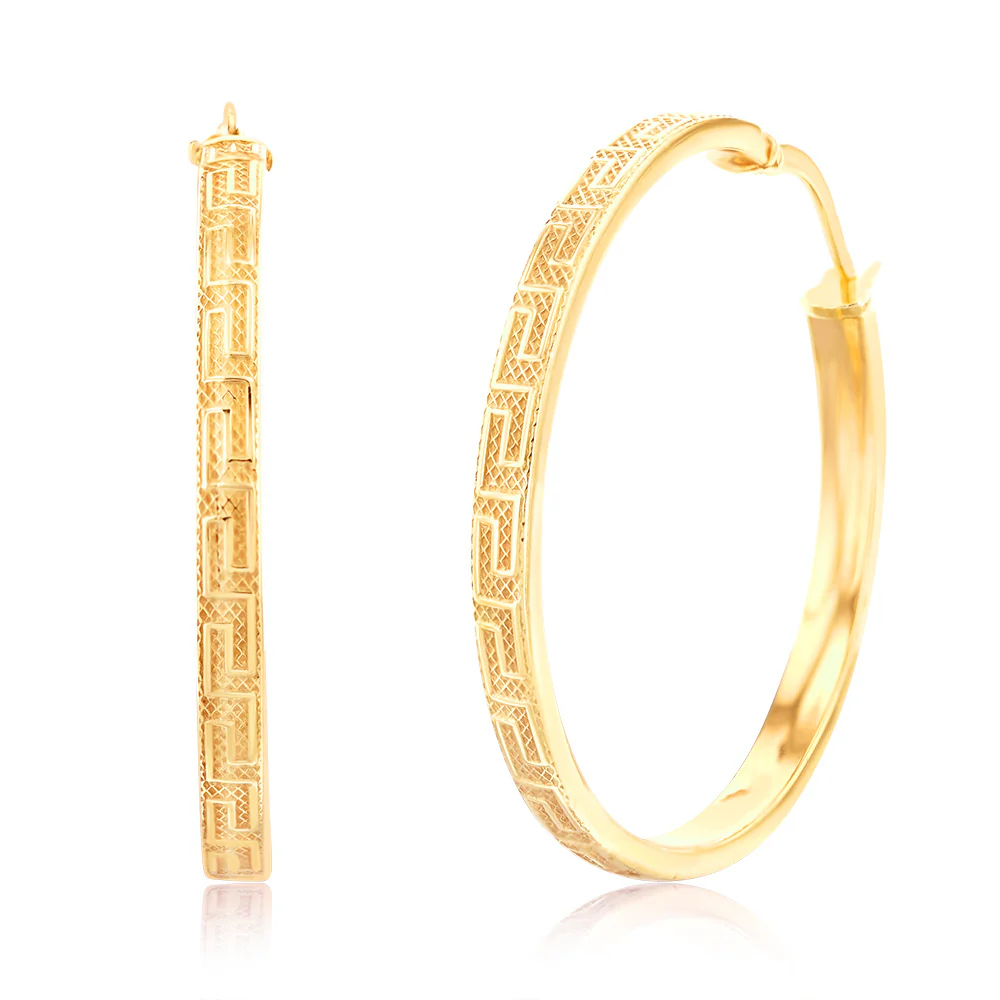 9ct Yellow Gold Silver Filled Greek Key Hoop Earrings