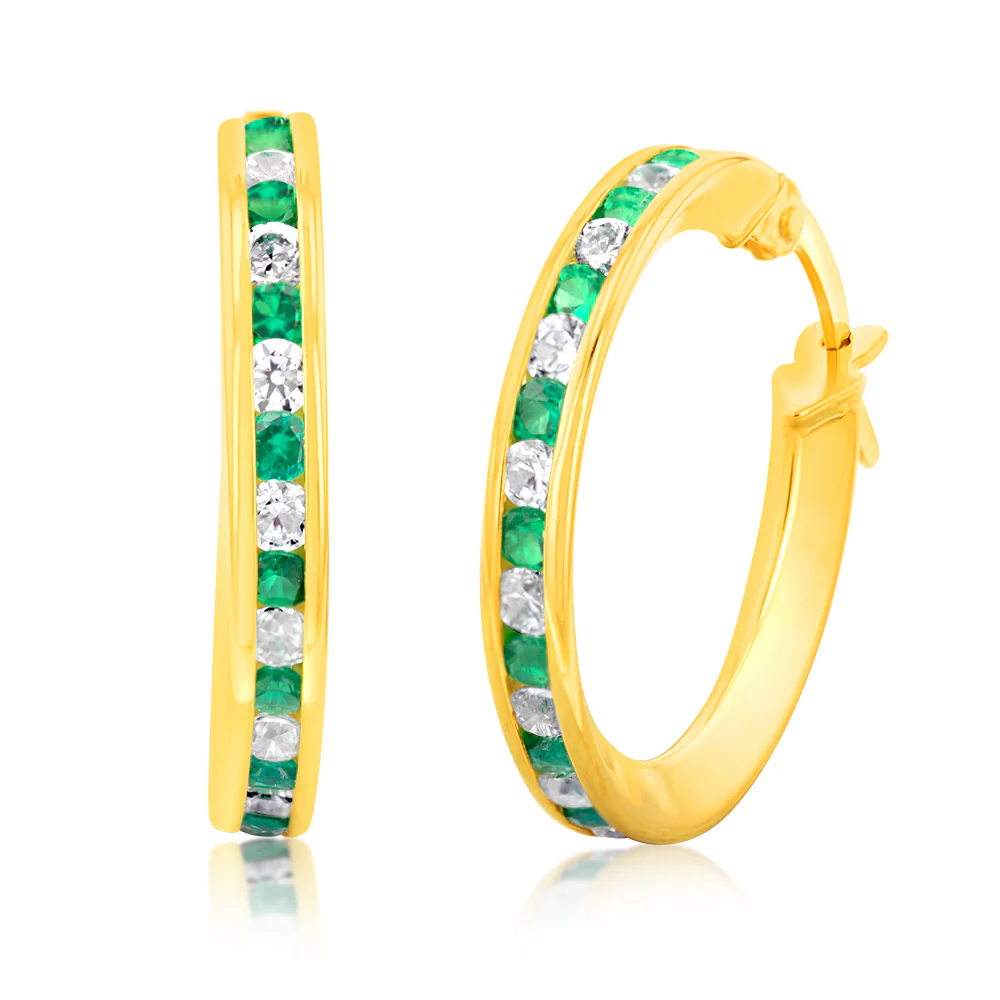 9ct Yellow Gold Silver Filled Green CZ 15mm Hoop Earrings
