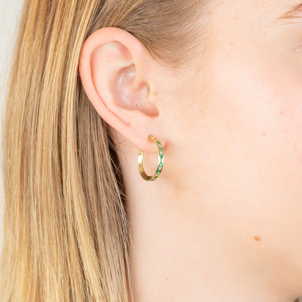 9ct Yellow Gold Silver Filled Green CZ 15mm Hoop Earrings - Image 2