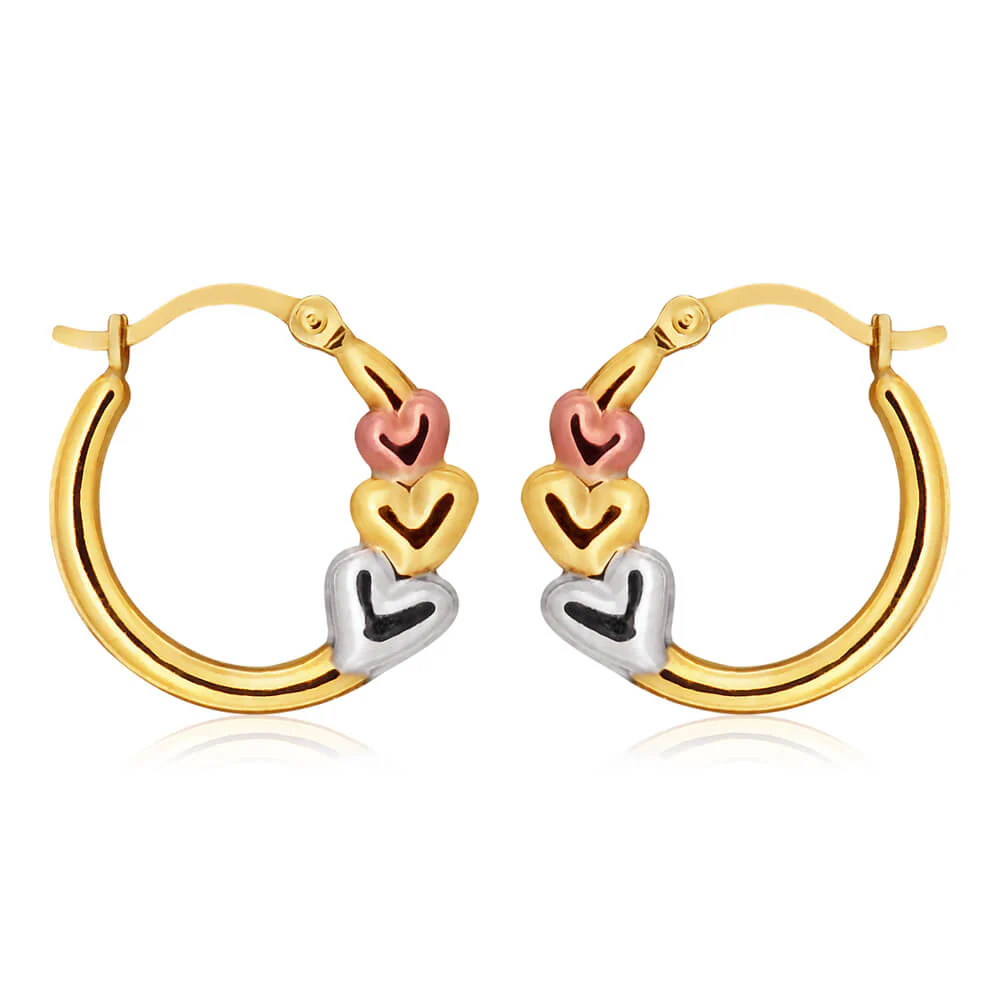 9ct Yellow Gold-Silver Filled Hoops Triple Love Hearts Multitones