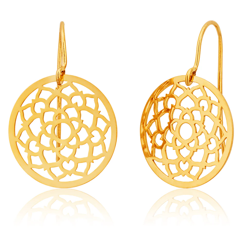 9ct Yellow Gold Silver Filled Lotus Flower Drop 15mm Earrings