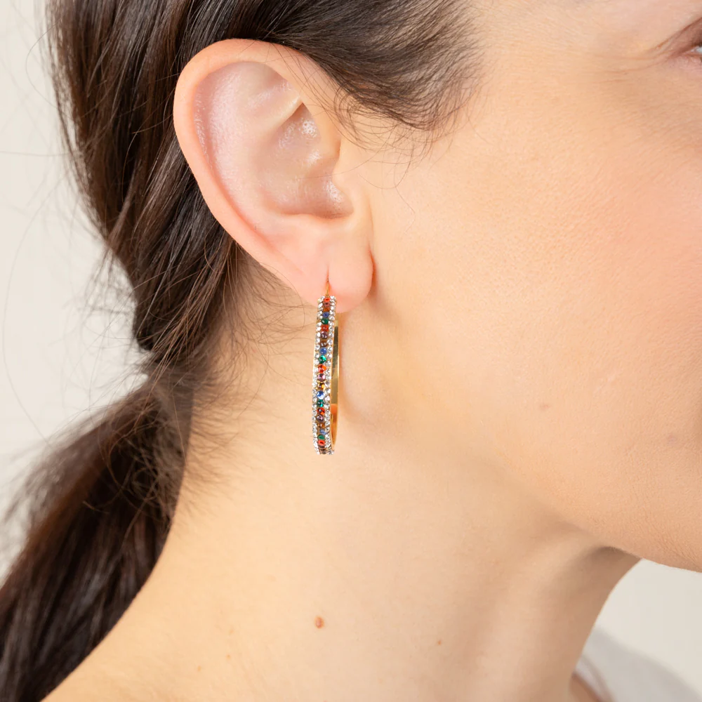 9ct Yellow Gold Silver Filled Multicolour And White Crystal 30mm Broad Hoop Earrings - Image 2