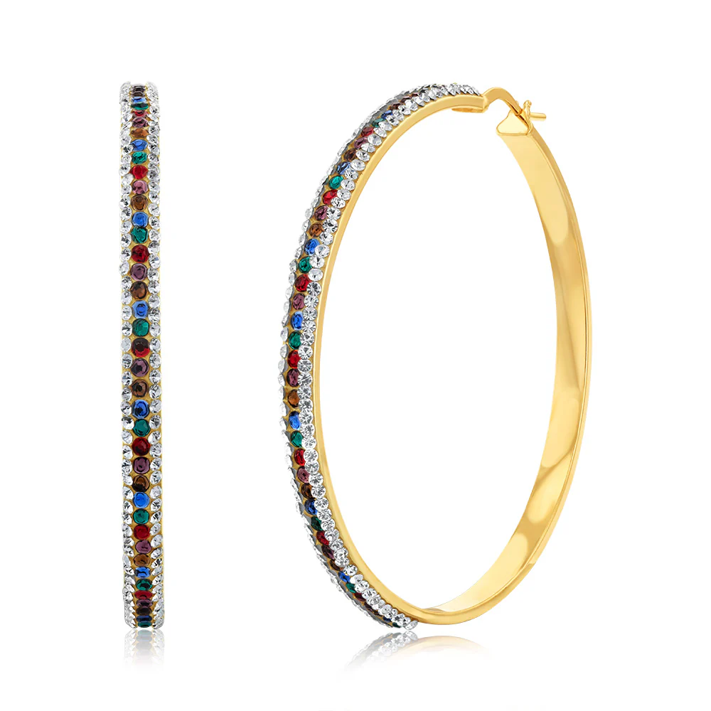 9ct Yellow Gold Silver Filled Multicolour And White Crystal 50mm Broad Hoop Earrings