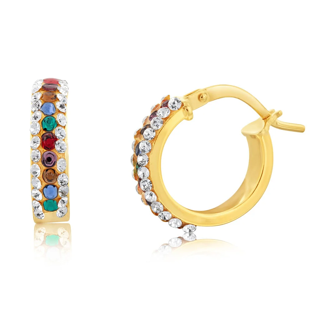 9ct Yellow Gold Silver Filled Multicolour And White Crystals 10mm Broad Hoop Earrings