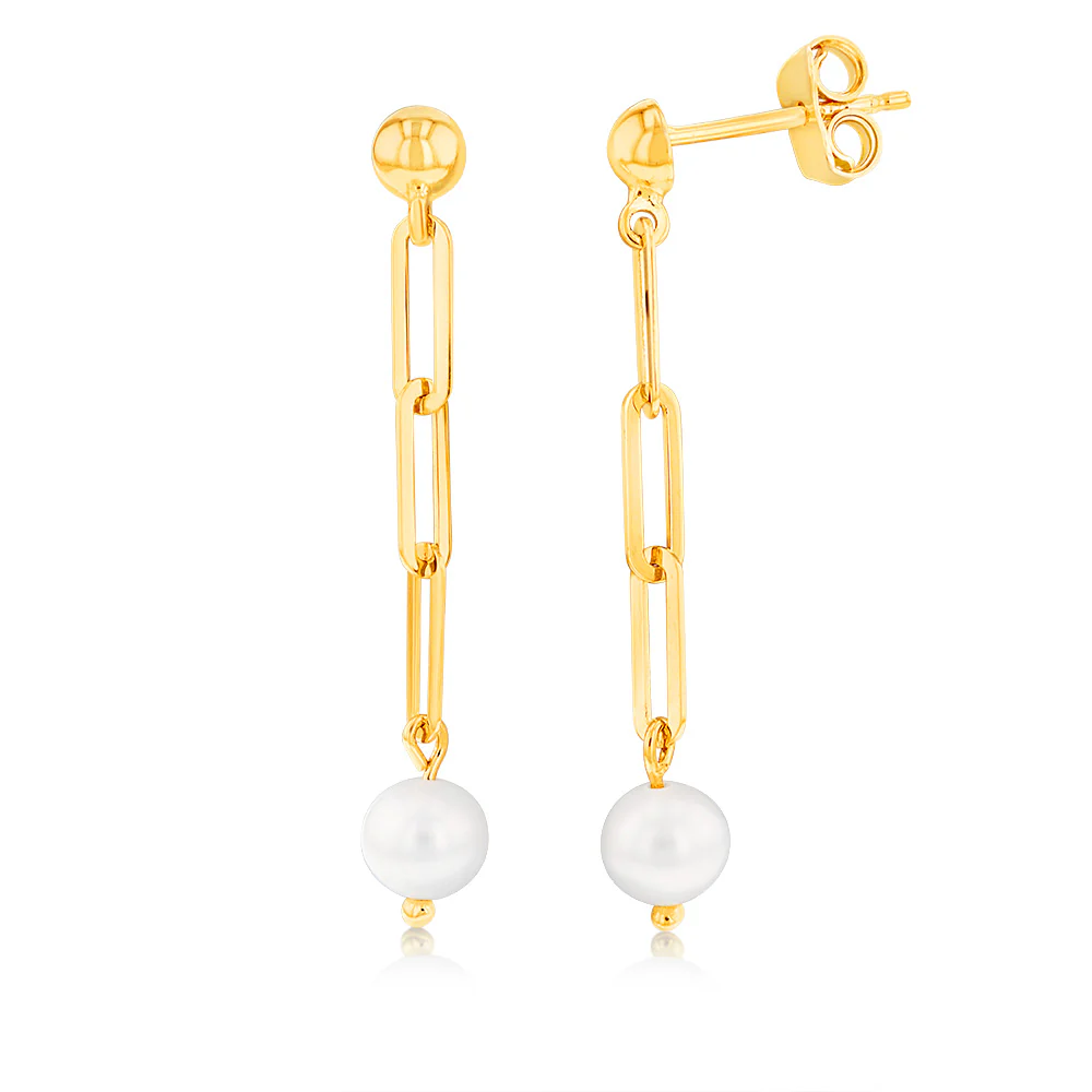 9ct Yellow Gold Silver Filled Pearl Links Drop Earrings