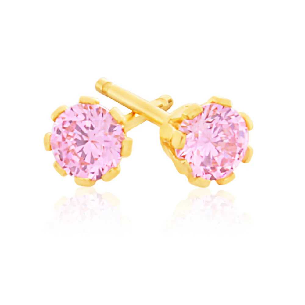 9ct Yellow Gold Silver Filled Pink Cubic Zirconia Stud Earrings - Image 2
