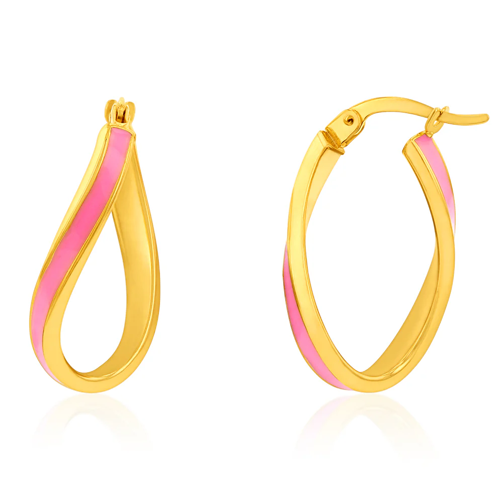 9ct Yellow Gold Silver Filled Pink Enamel On Twisted Hoop Earrings