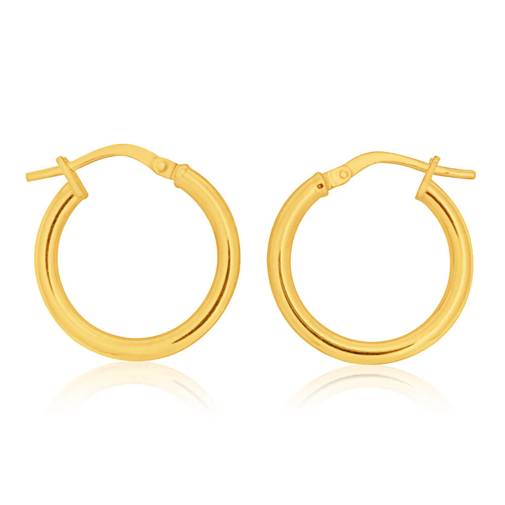 9ct Yellow Gold Silver Filled Plain 15mm (Internal) Hoop Earrings