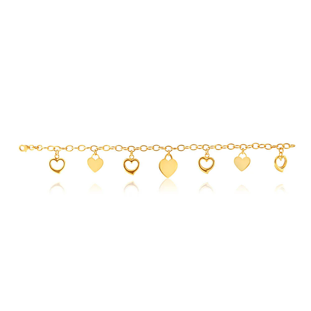9ct Yellow Gold Silver Filled Plain and Heart Shape Charms on 19cm Belcher Bracelet - Image 2