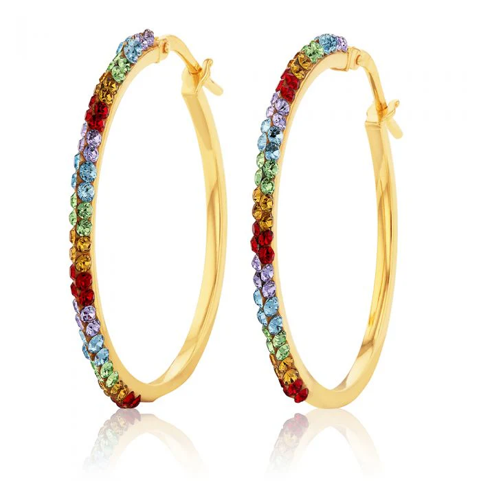 9ct Yellow Gold Silver Filled Rainbow Multi-Colour Crystals 25mm Hoop Earrings