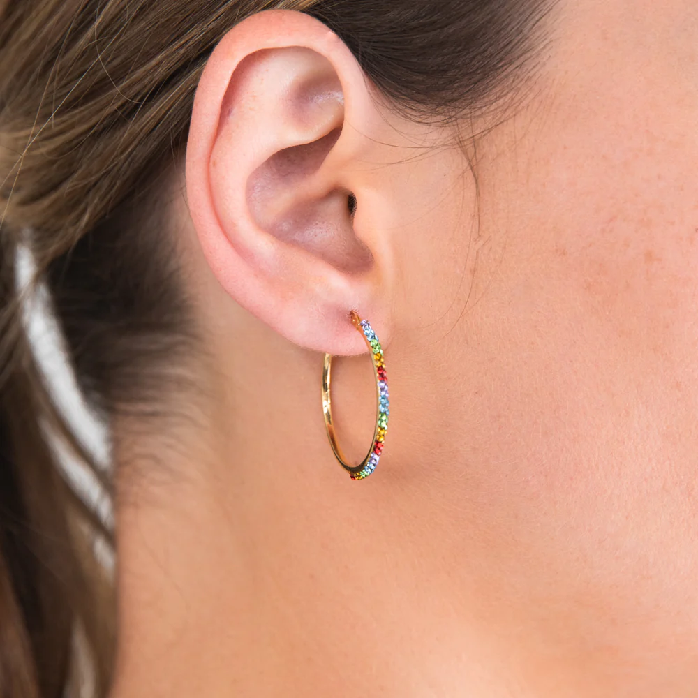 9ct Yellow Gold Silver Filled Rainbow Multi-Colour Crystals 25mm Hoop Earrings - Image 3