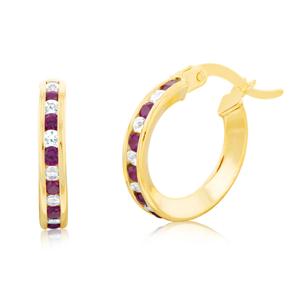 9ct Yellow Gold Silver Filled Red Cubic Zirconia 10mm Hoop Earrings