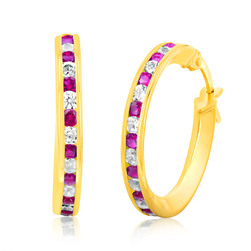 9ct Yellow Gold Silver Filled Red Cubic Zirconia 15mm Hoop Earrings