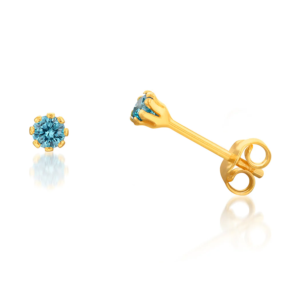 9ct Yellow Gold Silver Filled Sea Blue 3.2mm Cubic Zirconia Stud Earrings