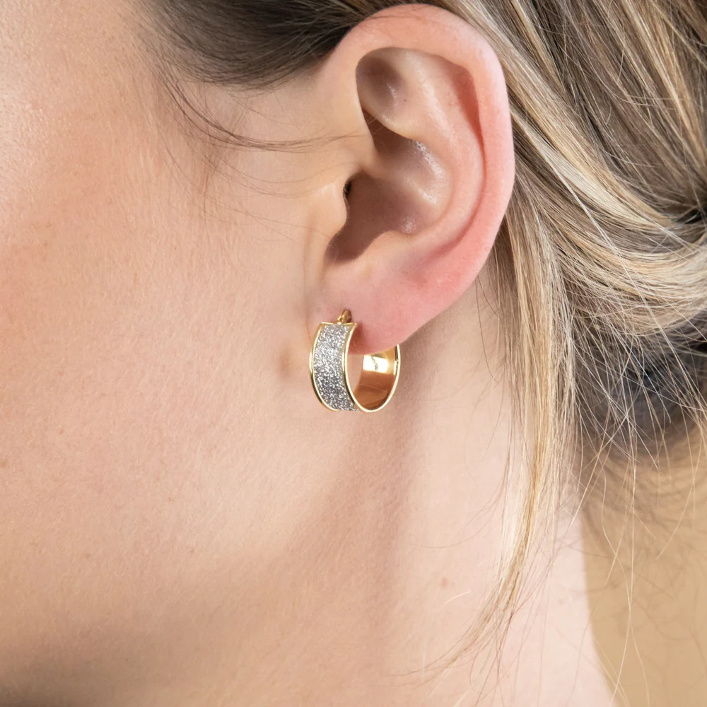 9ct Yellow Gold Silverfilled Broad Stardust Hoop Earrings - Image 2