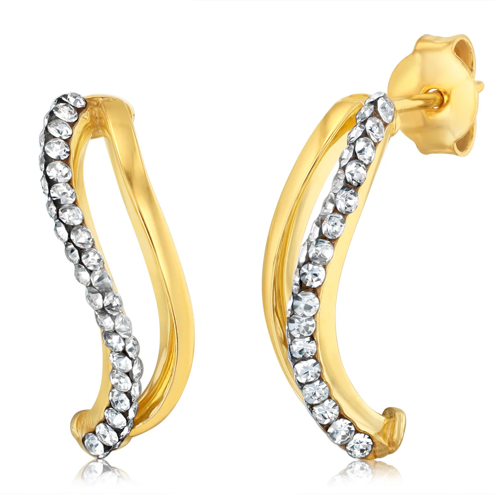 9ct Yellow Gold Silverfilled Crystals On Curved Shape Stud Earrings